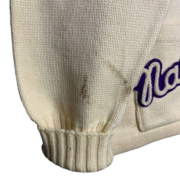 Vintage 70s Cardigan Varsity Sweater S Cream Wool Blend Pockets High School Band - Picture 5 of 12